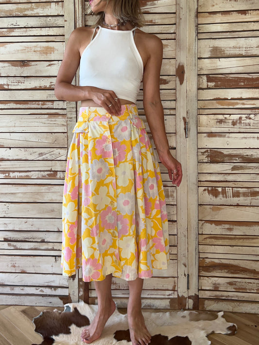 Retro flower print skirt/YELLOW