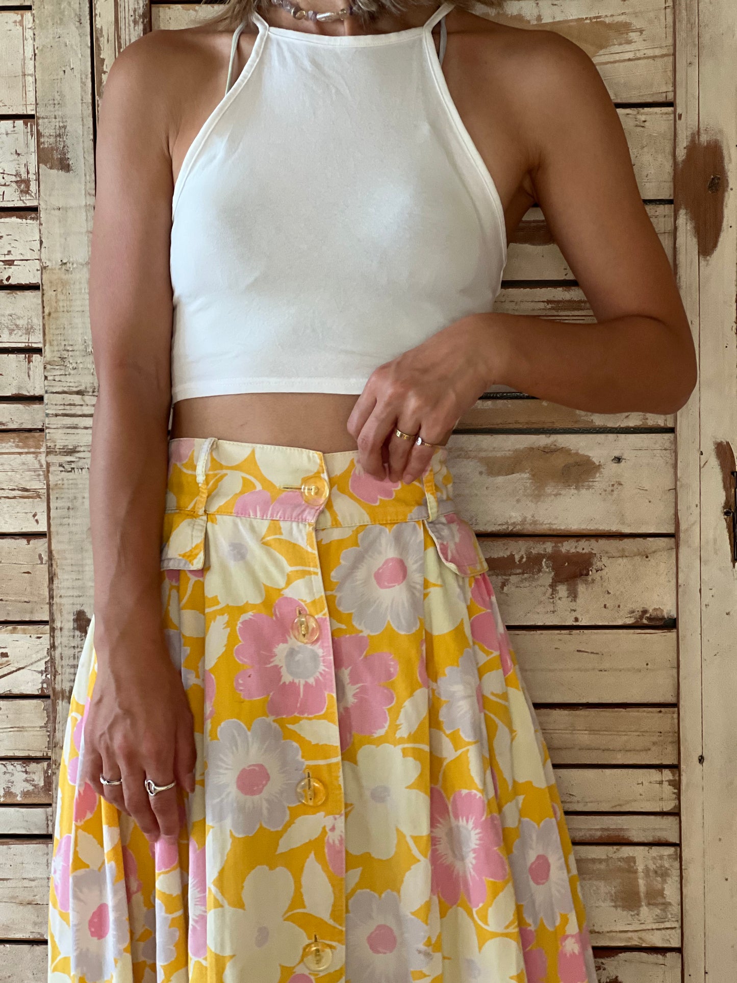 Retro flower print skirt/YELLOW