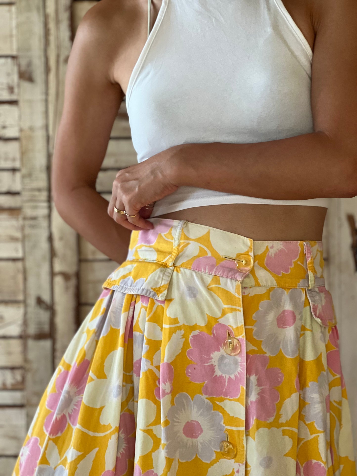 Retro flower print skirt/YELLOW