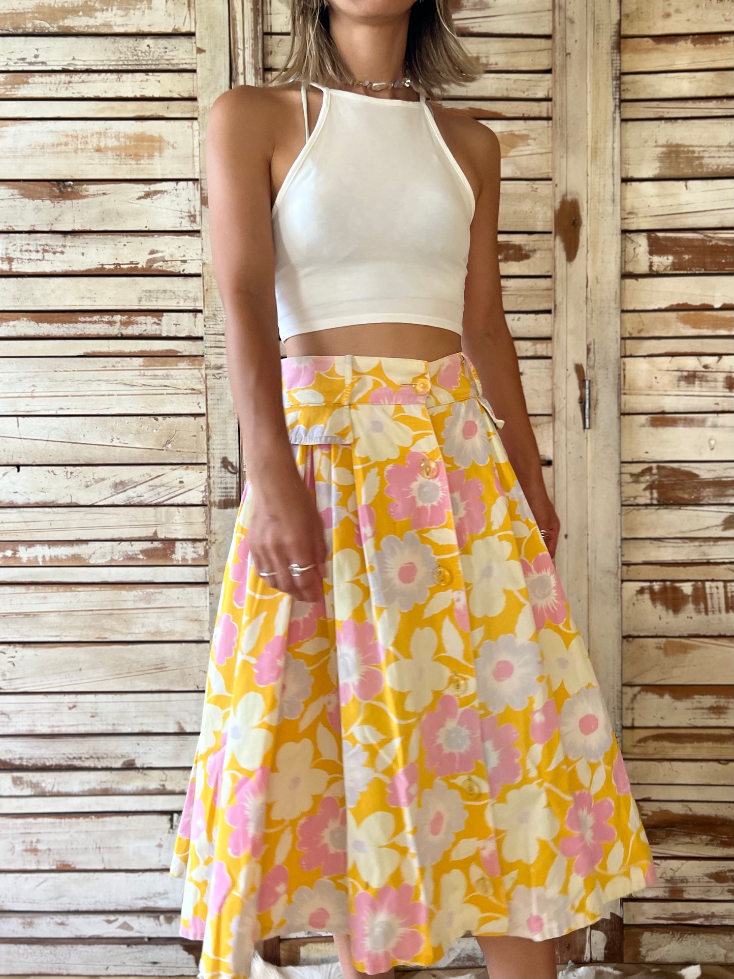 Retro flower print skirt/YELLOW