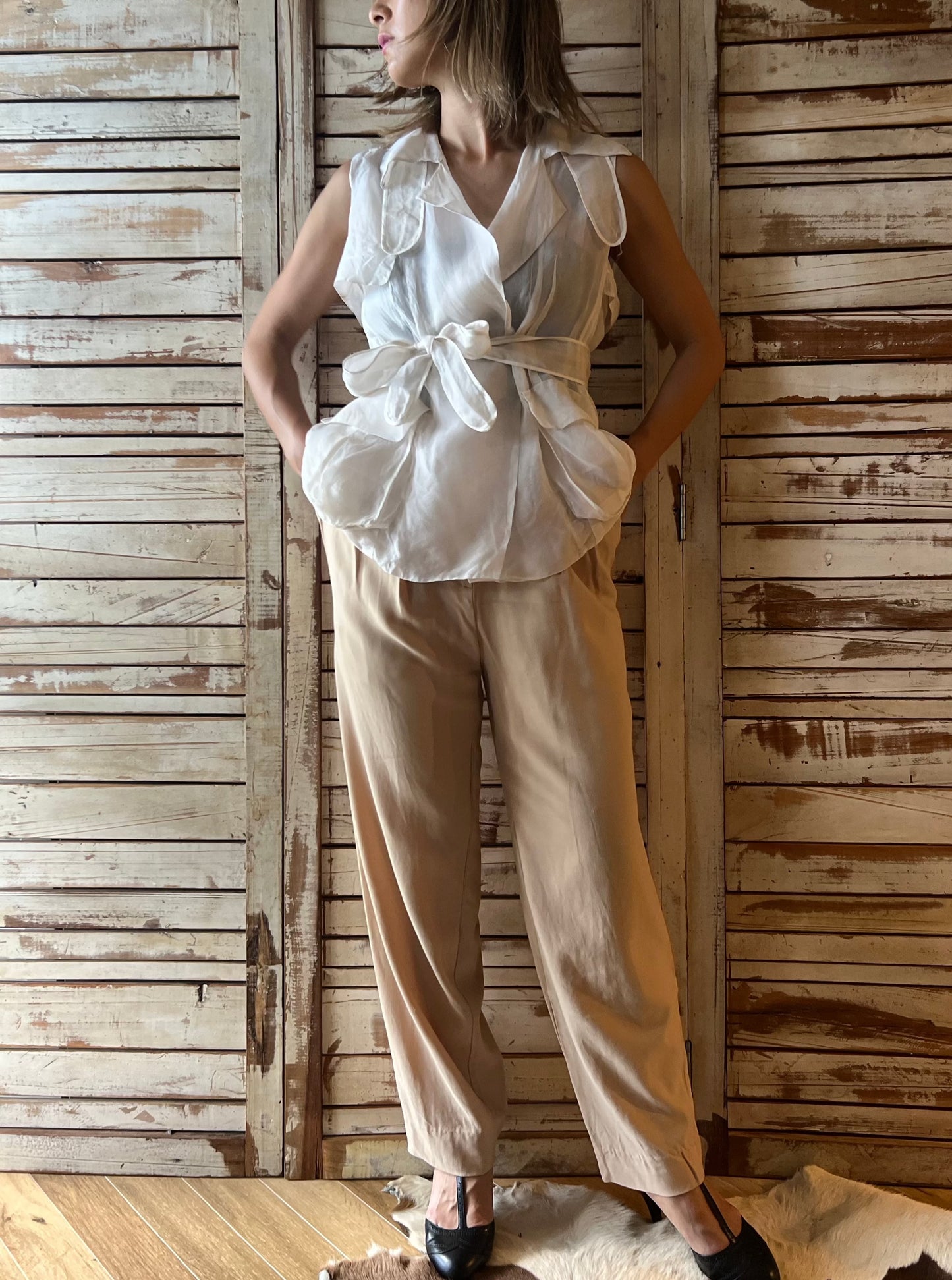 Silk n/s see-through tops/IVORY