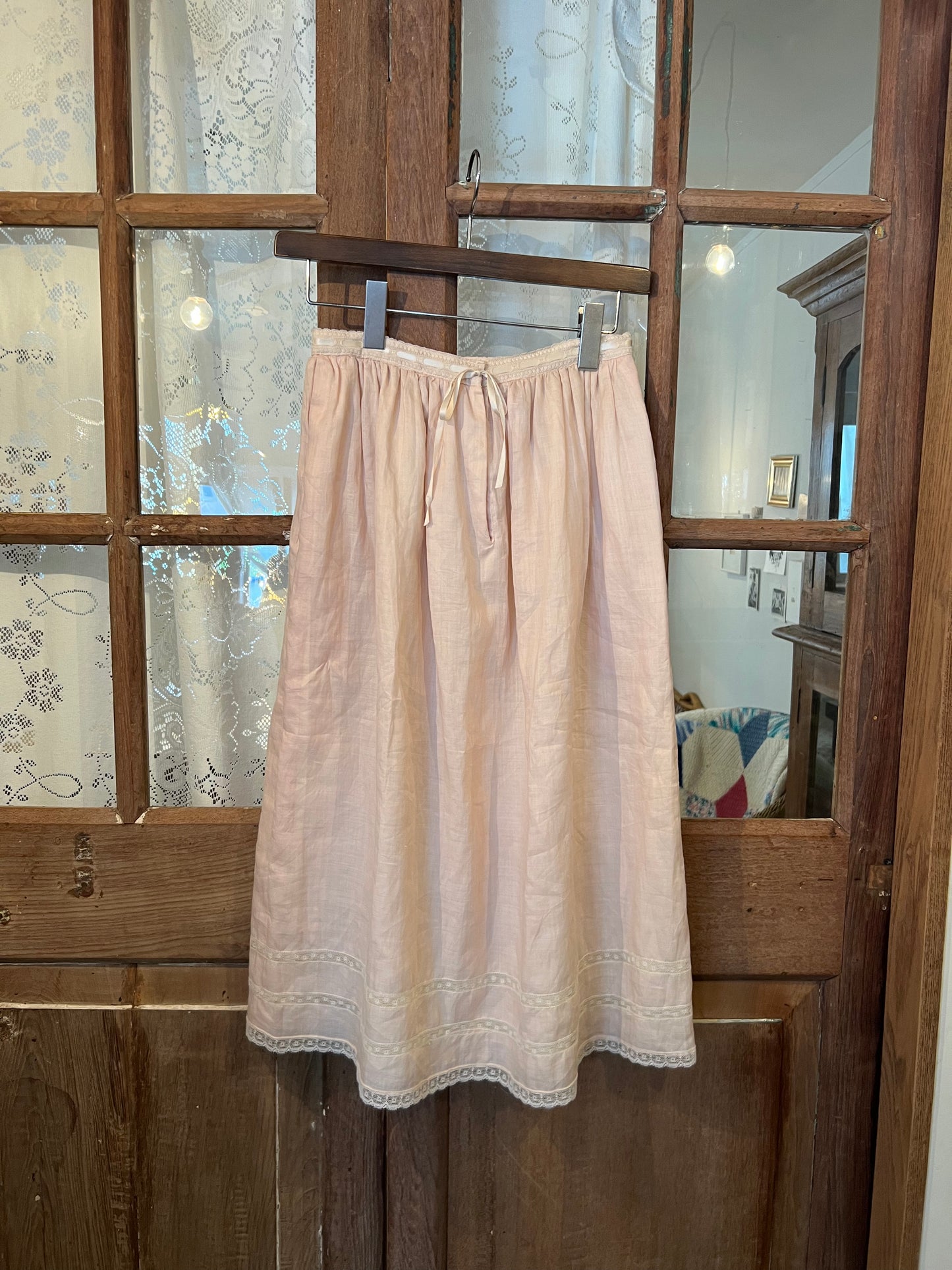 RALPH LAUREN '70s Lace trimmed linen skirt/B.Pink