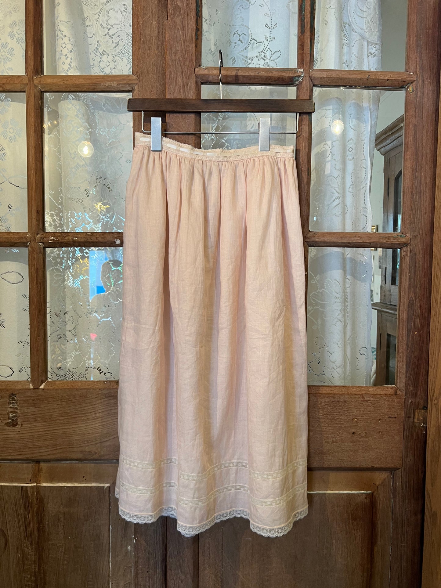 RALPH LAUREN '70s Lace trimmed linen skirt/B.Pink