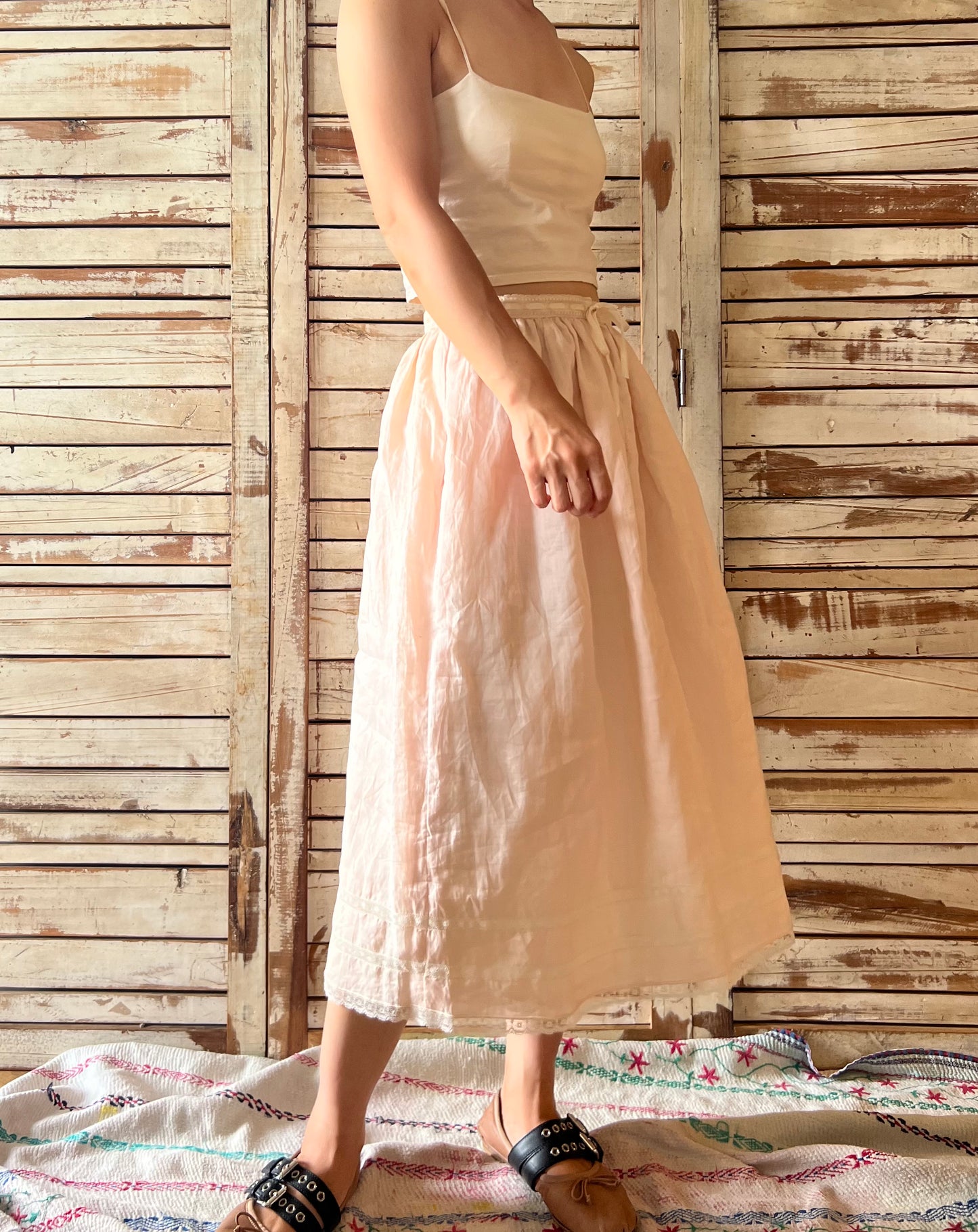 RALPH LAUREN '70s Lace trimmed linen skirt/B.Pink