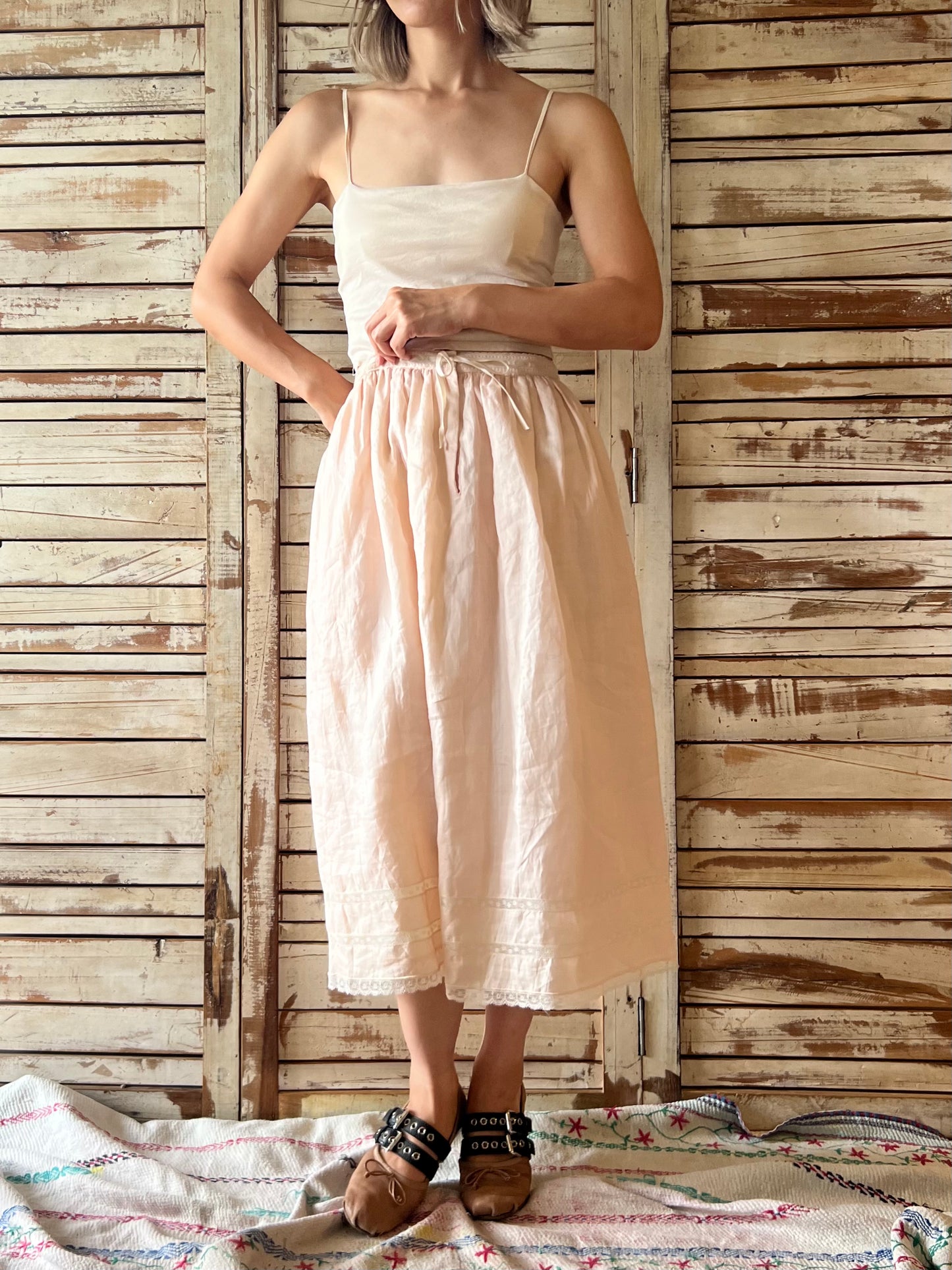 RALPH LAUREN '70s Lace trimmed linen skirt/B.Pink